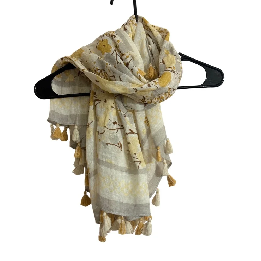 Spartina 449 Floral Tassel Scarf Yellow Grey Linen Viscose Blend Wrap Accessory